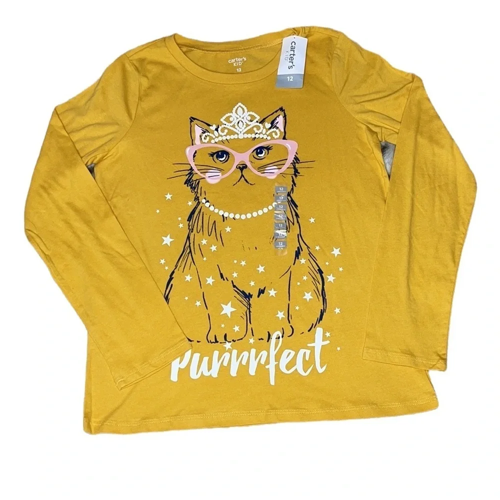 Carters Kid NWT Girls Yellow Cat Tiara Purrrfect Long Sleeve Graphic Tee 12